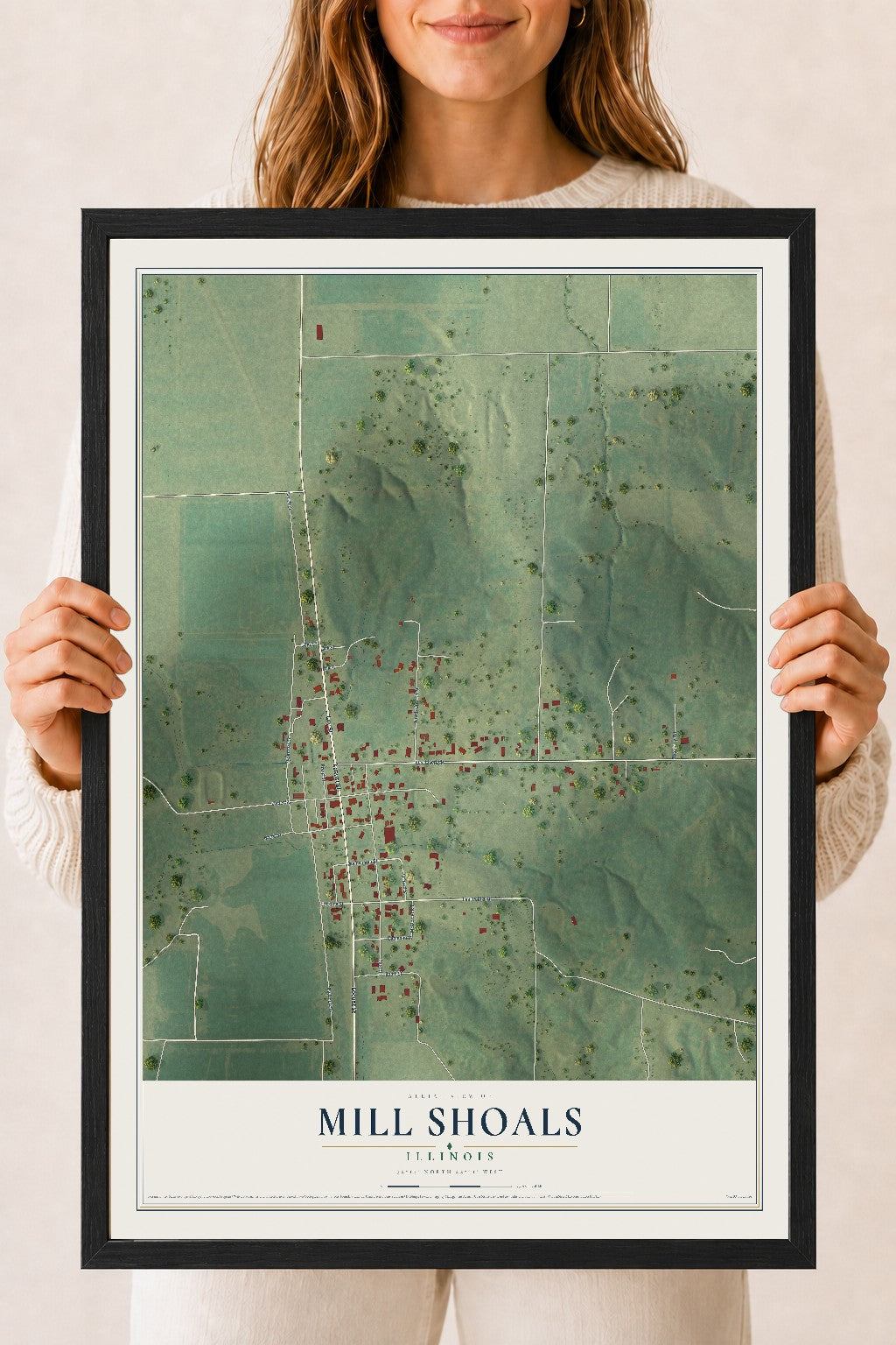 Map of Mill Shoals, Illinois, 18 x 24 inch print in a black wood frame
