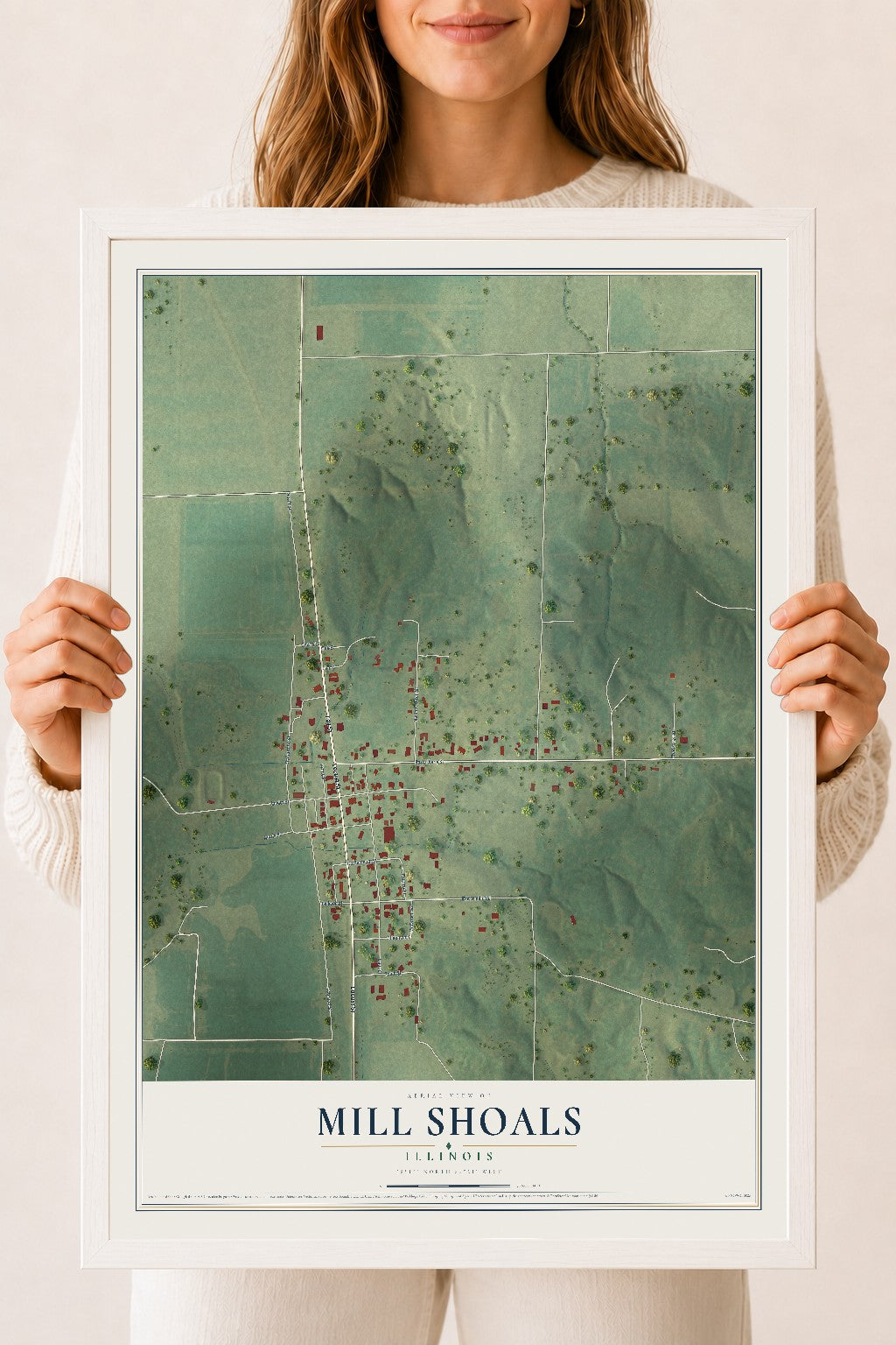 Map of Mill Shoals, Illinois, 18 x 24 inch print in a white wood frame