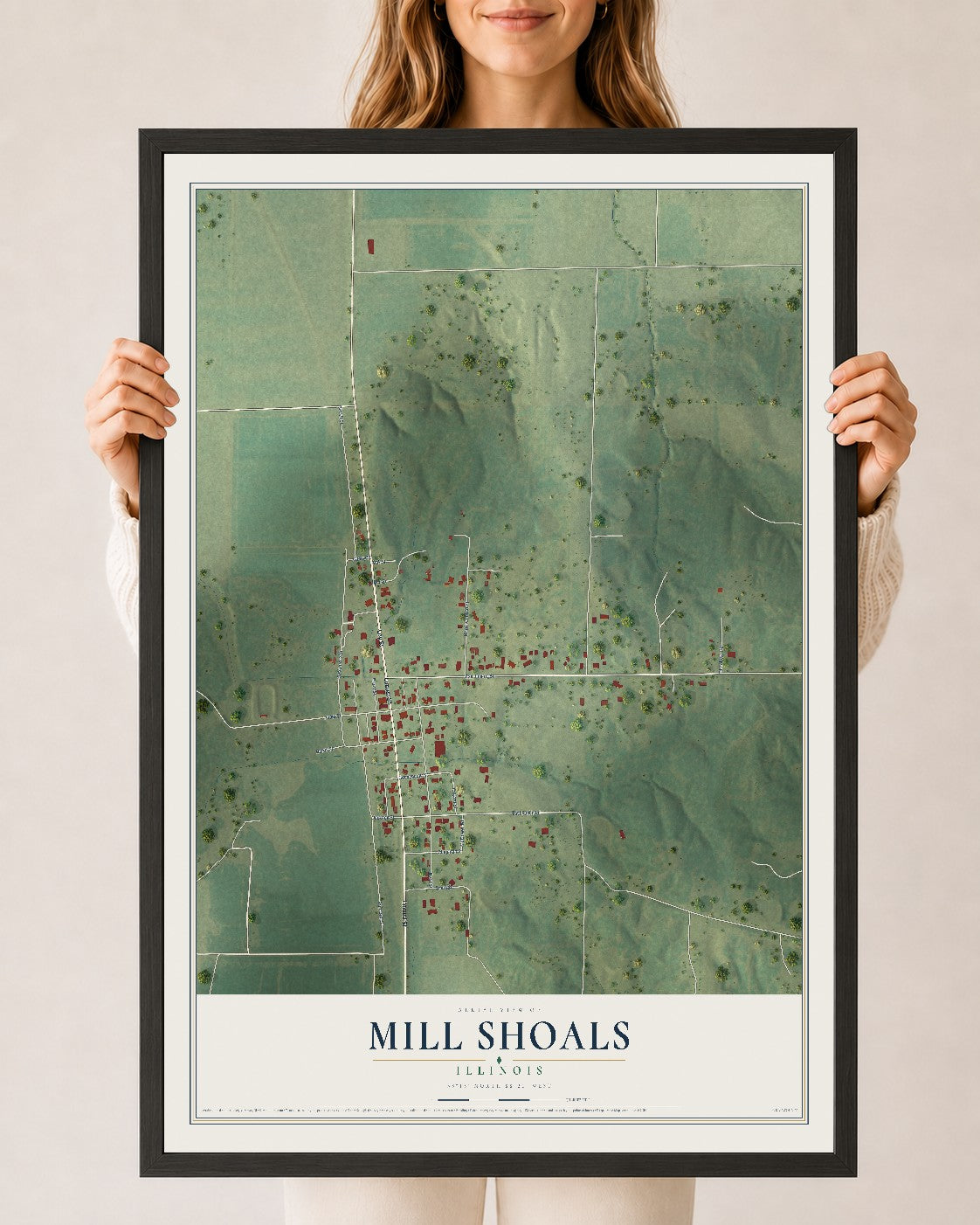 Map of Mill Shoals, Illinois, 24 x 36 inch print in a black wood frame
