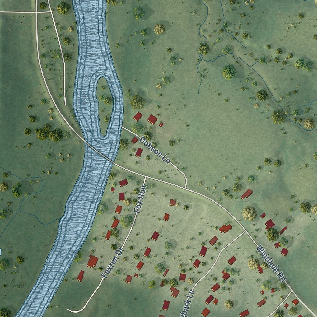 Close-up of the map of Millbrook, Illinois print showing street and building detail