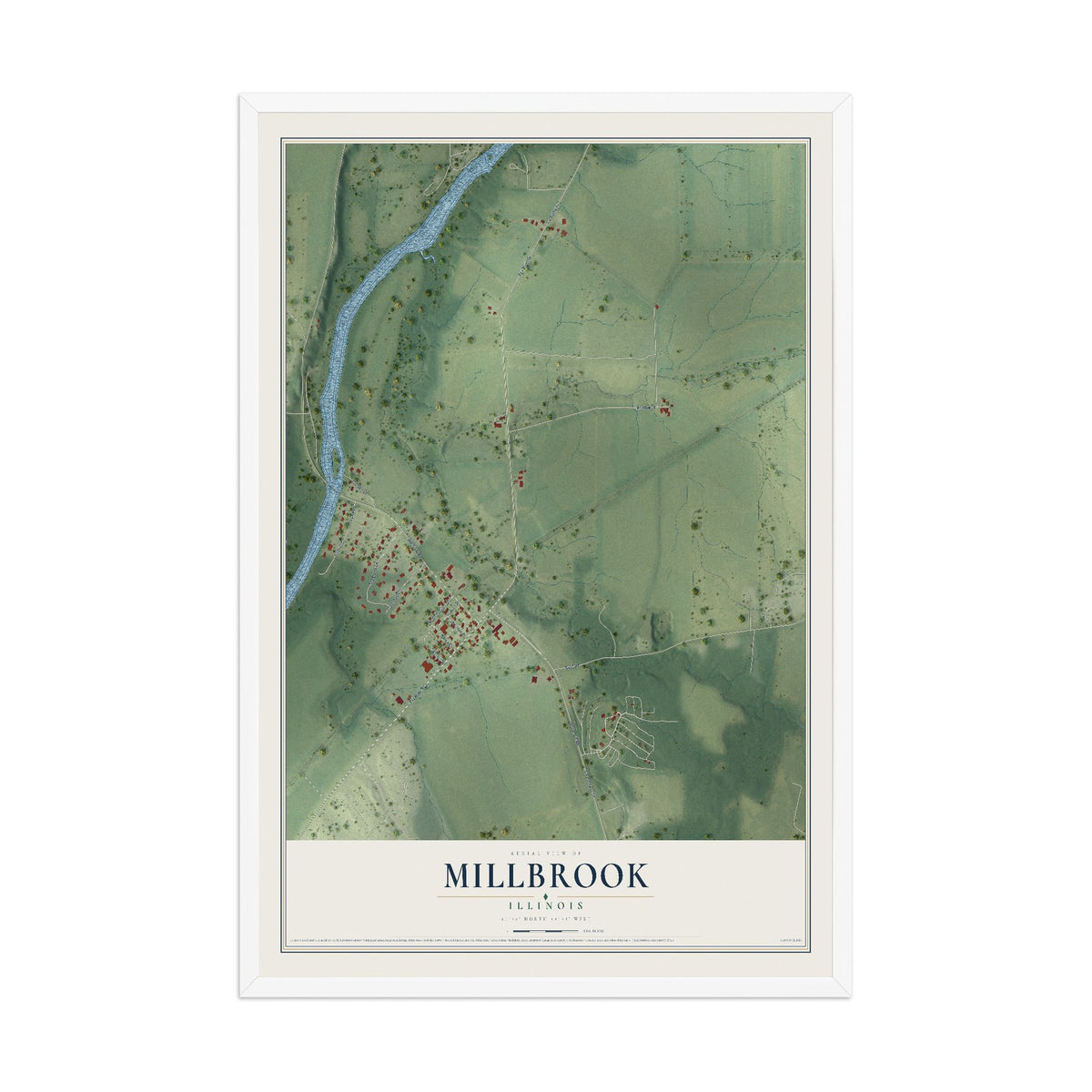 Map of Millbrook, Illinois, 12 x 18 inch print in a white wood frame