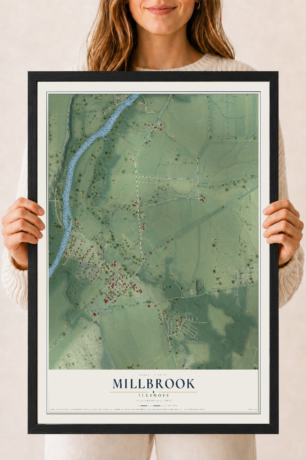 Map of Millbrook, Illinois, 18 x 24 inch print in a black wood frame