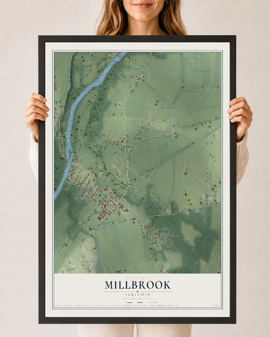 Map of Millbrook, Illinois, 24 x 36 inch print in a black wood frame