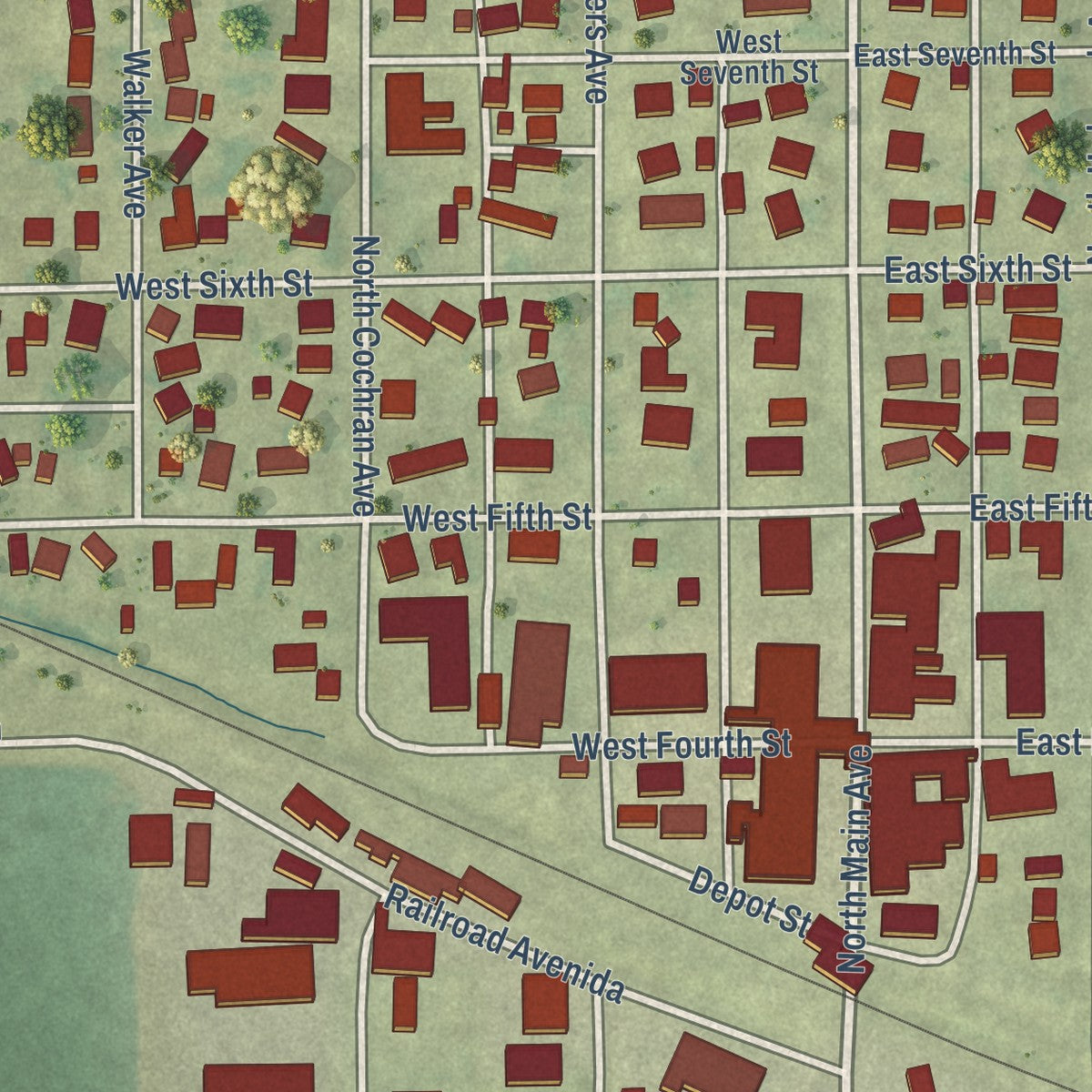 Close-up of the map of Milledgeville, Illinois print showing street and building detail