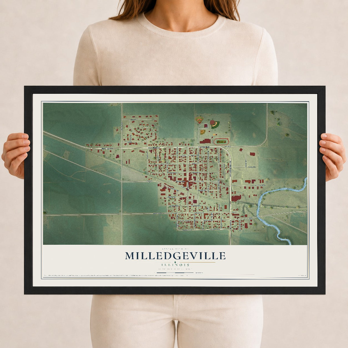 Map of Milledgeville, Illinois, 12 x 18 inch print in a black wood frame