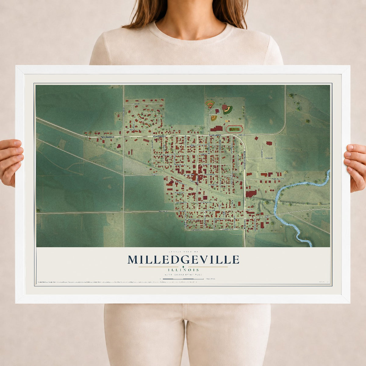 Map of Milledgeville, Illinois, 18 x 24 inch print in a white wood frame