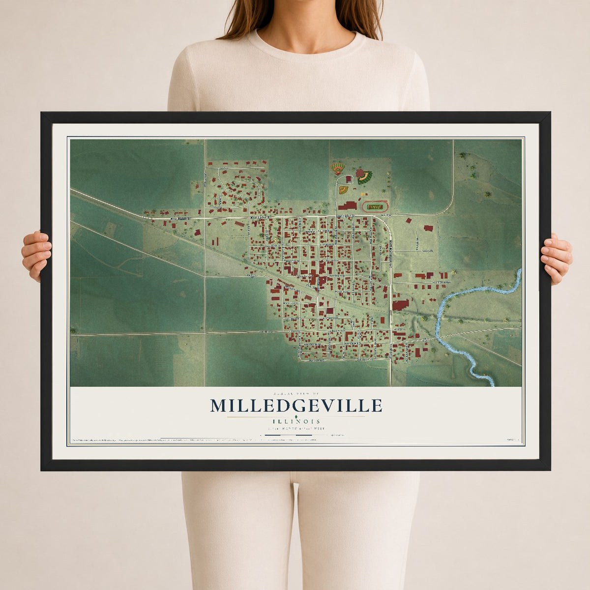 Map of Milledgeville, Illinois, 24 x 36 inch print in a black wood frame