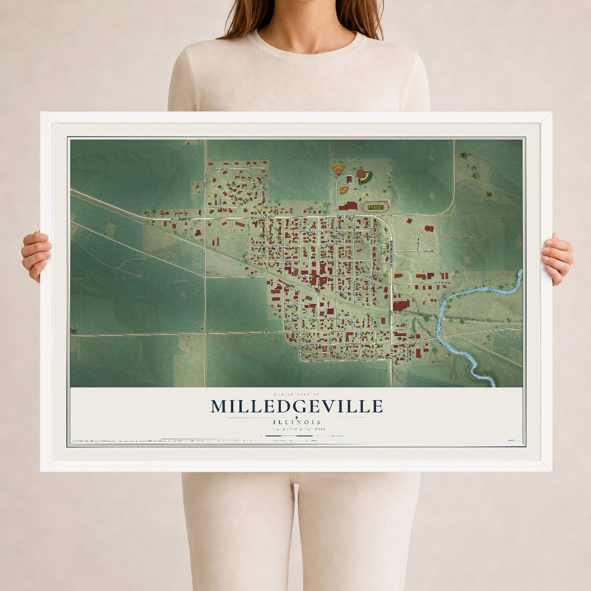 Map of Milledgeville, Illinois, 24 x 36 inch print in a white wood frame