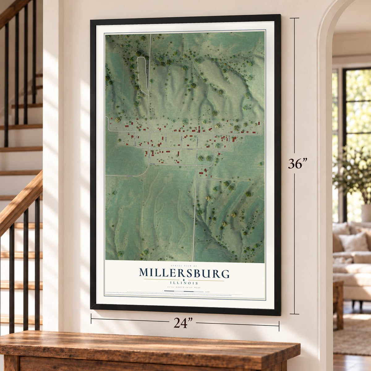 Millersburg, Illinois map, 24 x 36 inch print in a black frame by a staircase
