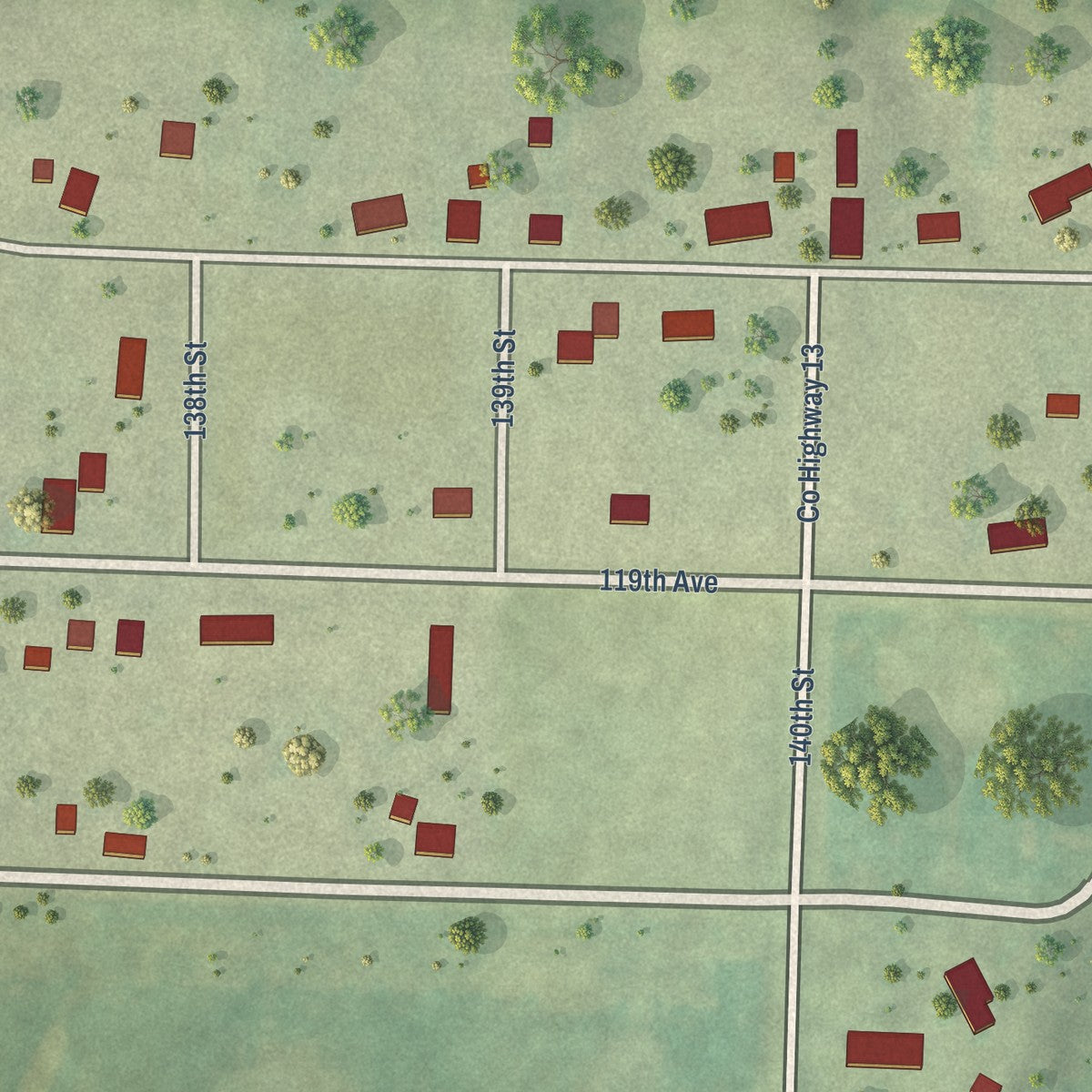 Close-up of the map of Millersburg, Illinois print showing street and building detail