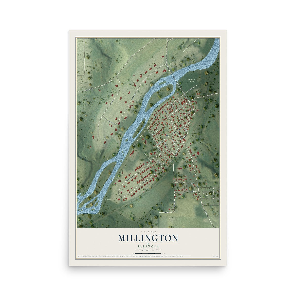 Map of Millington, Illinois, 12 x 18 inch unframed archival matte print