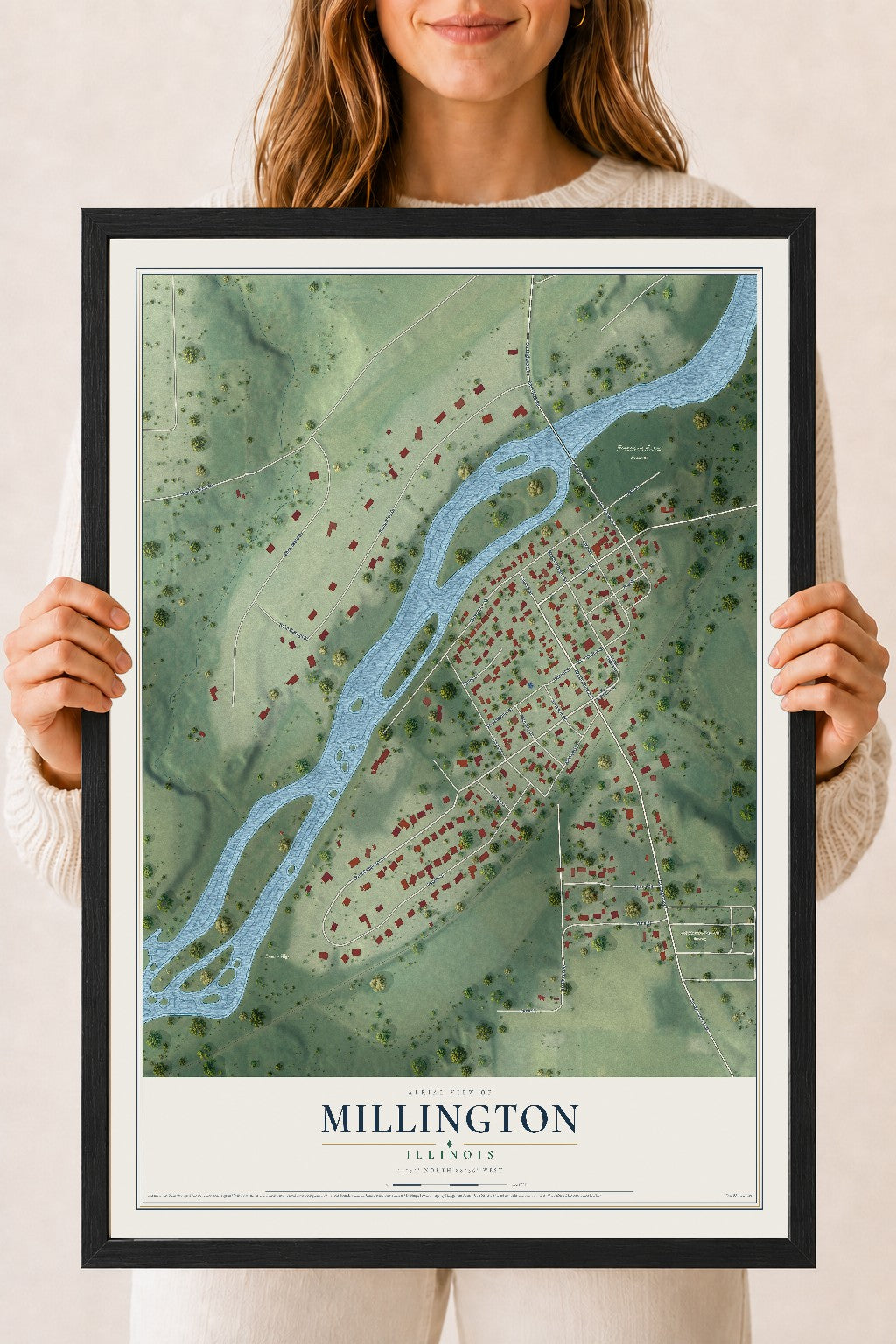 Map of Millington, Illinois, 18 x 24 inch print in a black wood frame