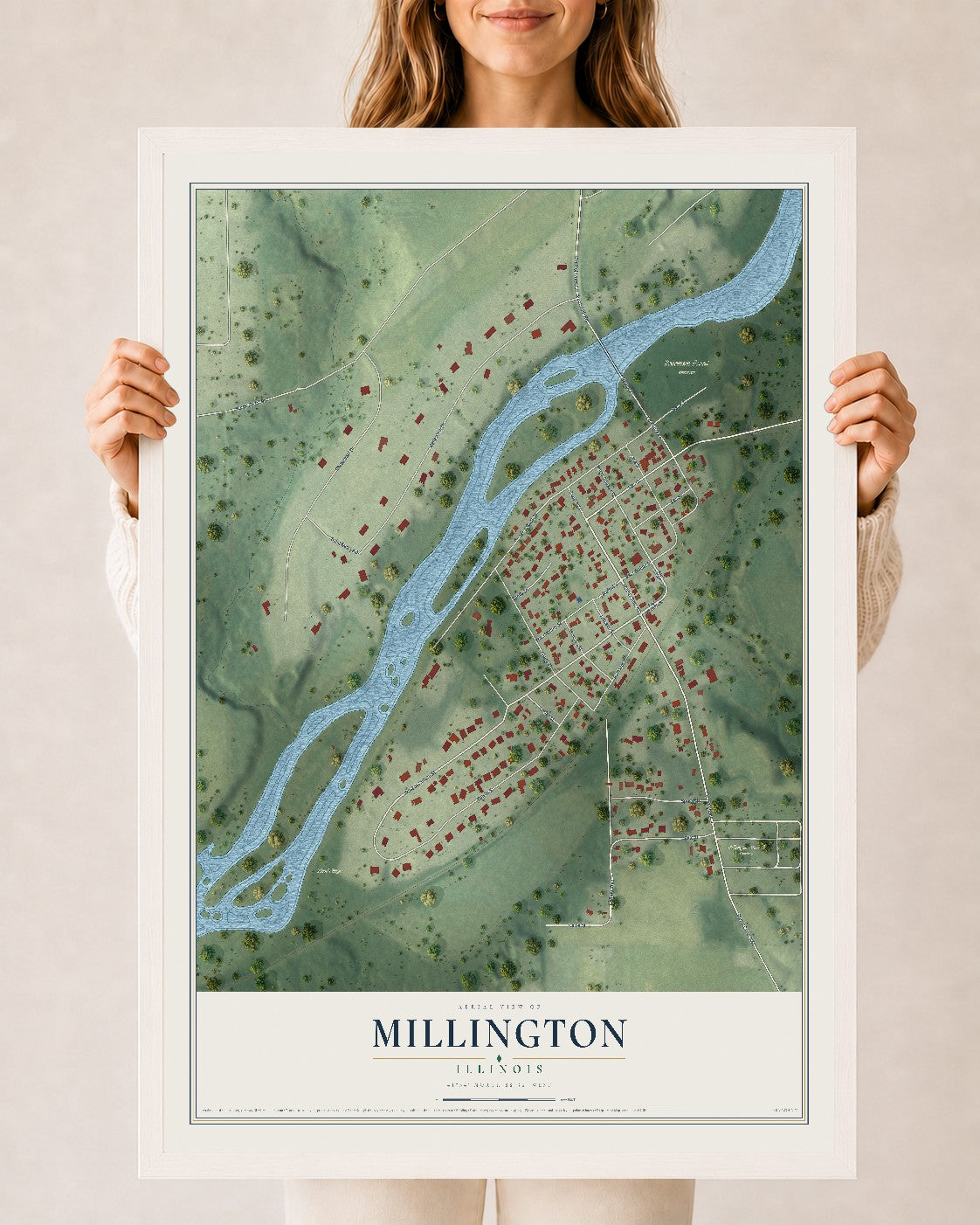 Map of Millington, Illinois, 24 x 36 inch print in a white wood frame