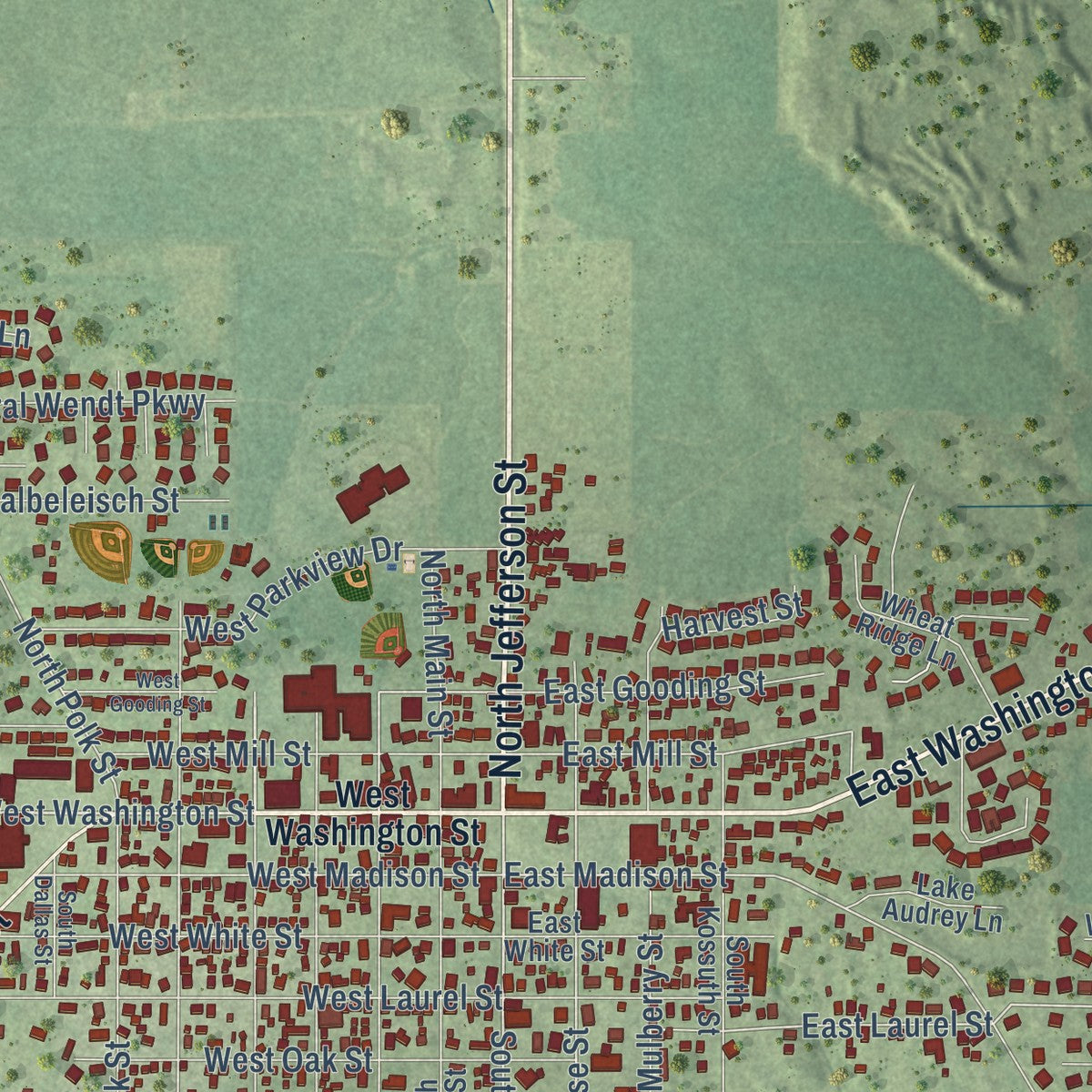 Close-up of the map of Millstadt, Illinois print showing street and building detail