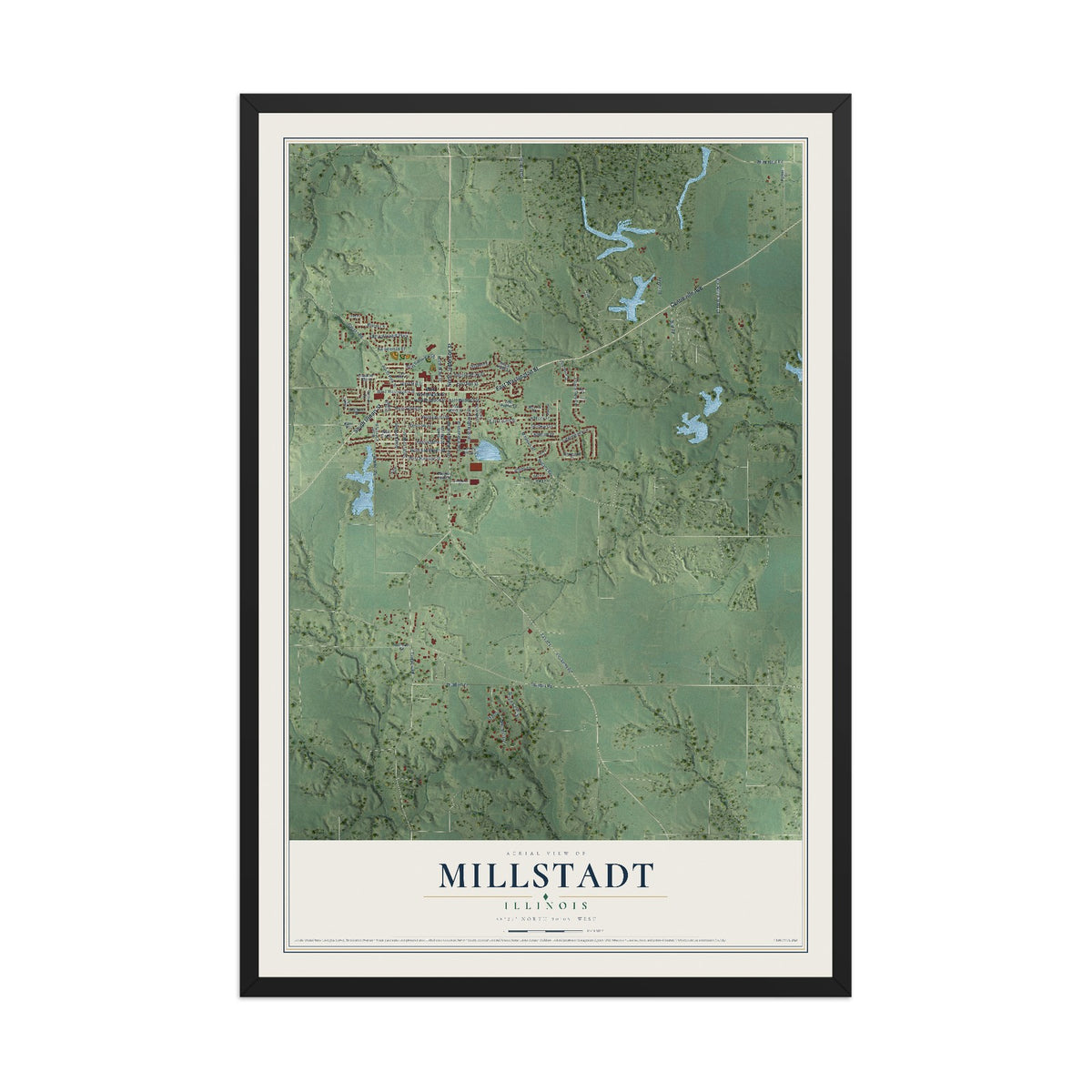 Map of Millstadt, Illinois, 12 x 18 inch print in a black wood frame
