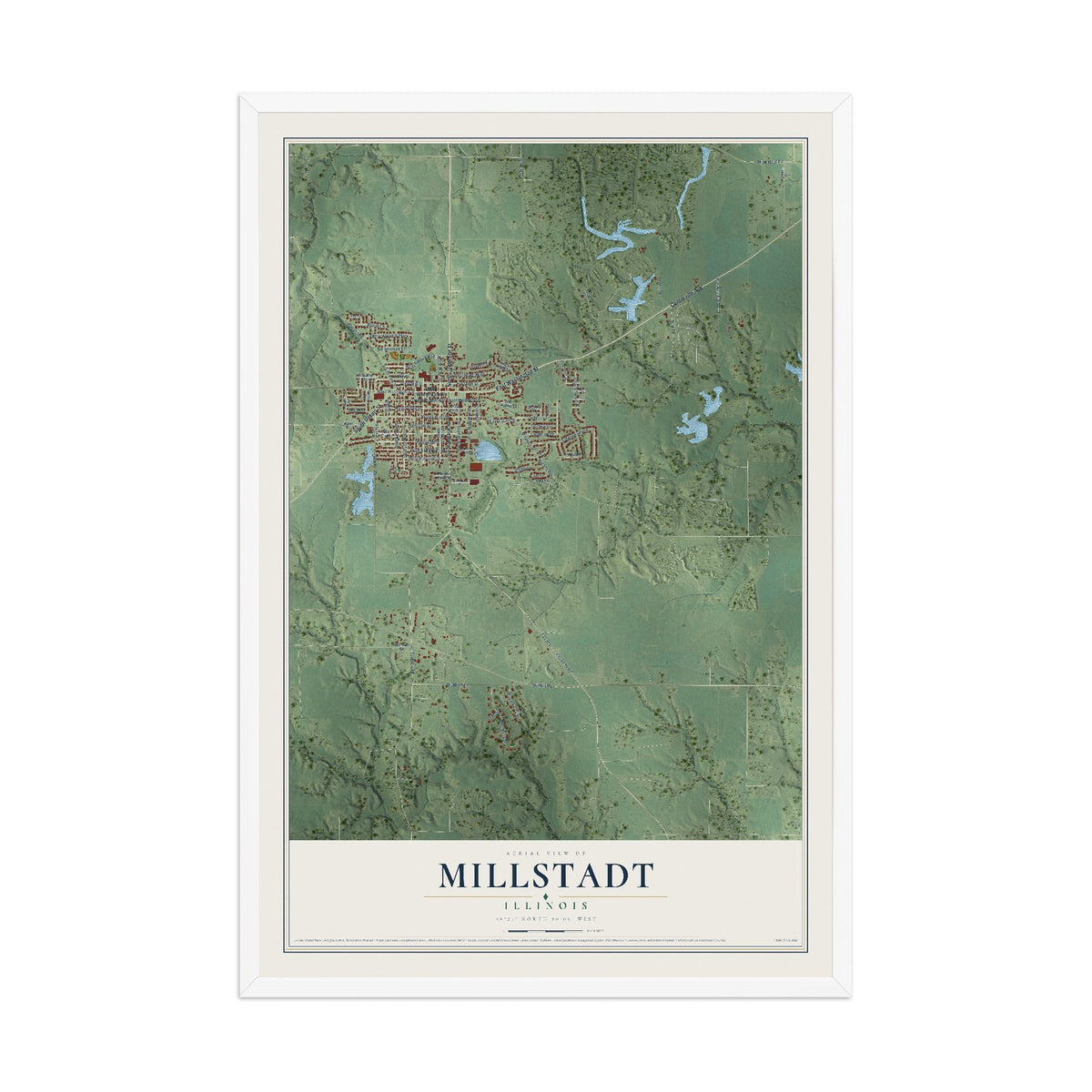 Map of Millstadt, Illinois, 12 x 18 inch print in a white wood frame