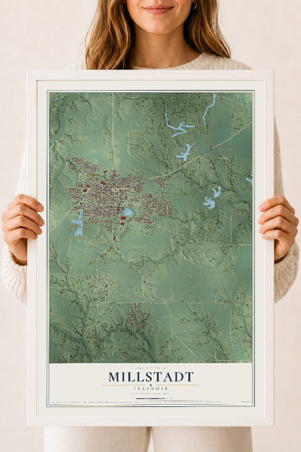 Map of Millstadt, Illinois, 18 x 24 inch print in a white wood frame