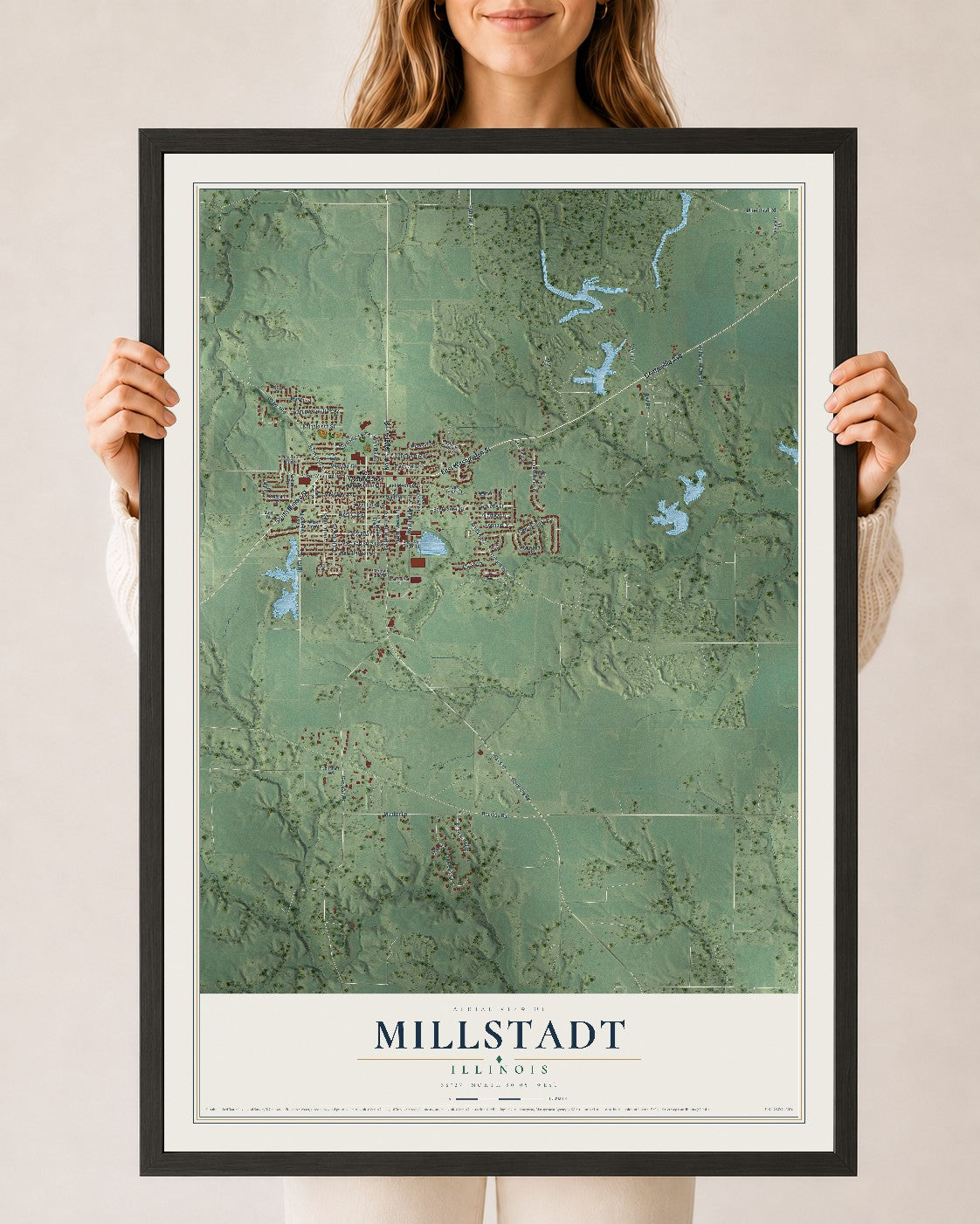 Map of Millstadt, Illinois, 24 x 36 inch print in a black wood frame
