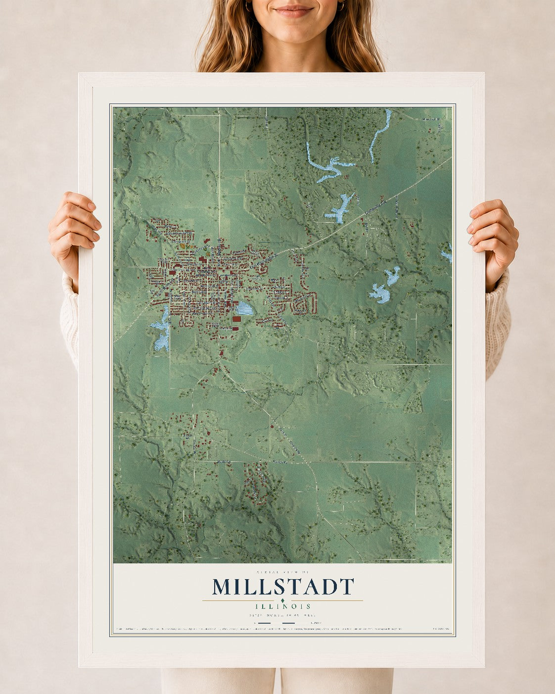 Map of Millstadt, Illinois, 24 x 36 inch print in a white wood frame