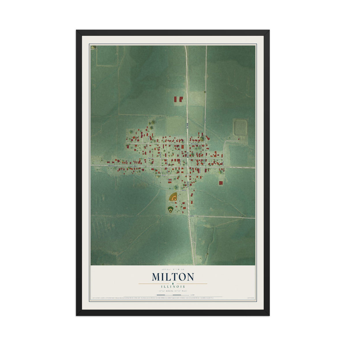 Map of Milton, Illinois, 12 x 18 inch print in a black wood frame