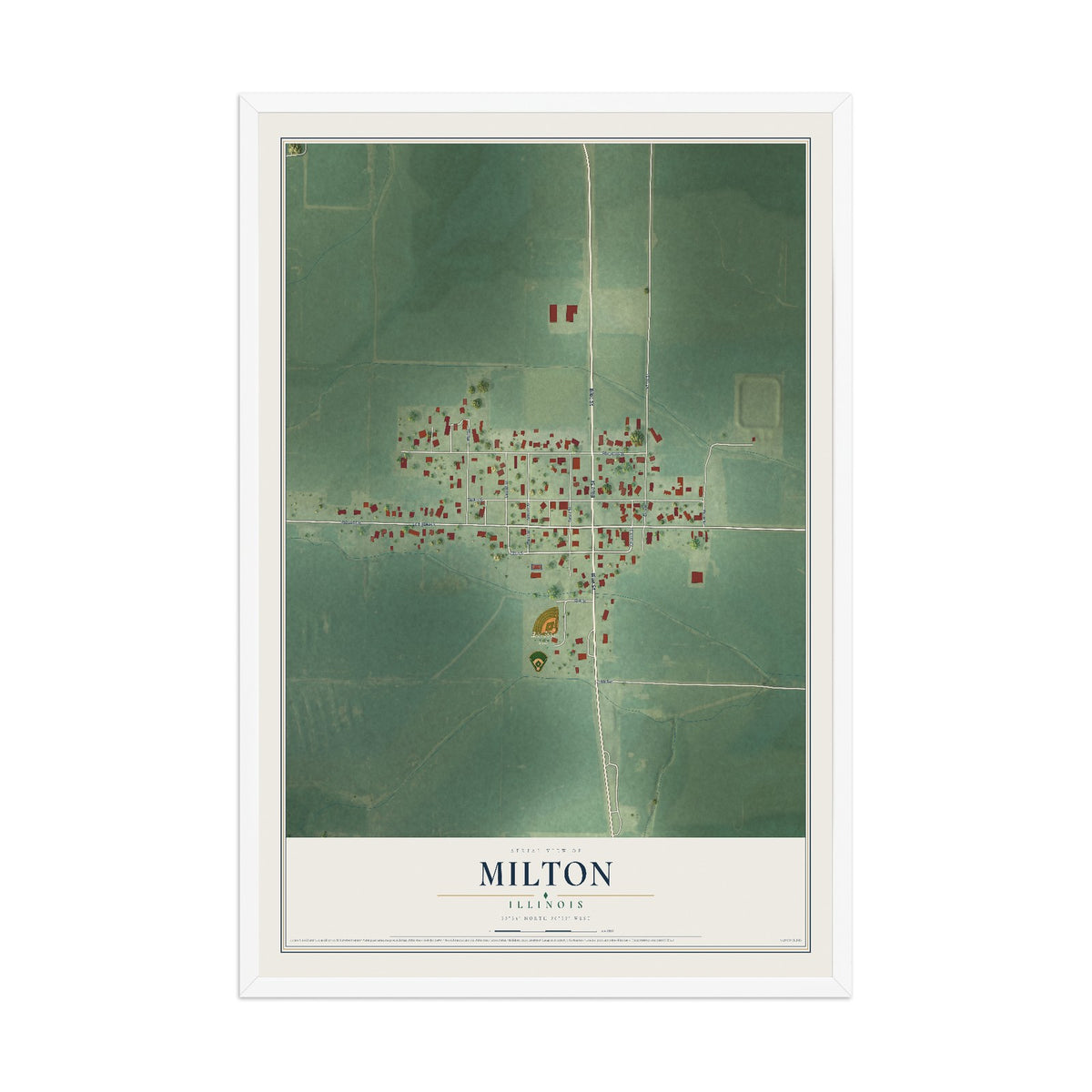Map of Milton, Illinois, 12 x 18 inch print in a white wood frame