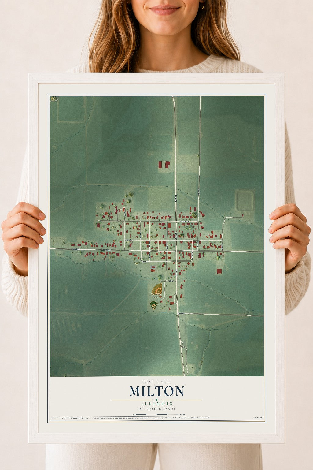 Map of Milton, Illinois, 18 x 24 inch print in a white wood frame