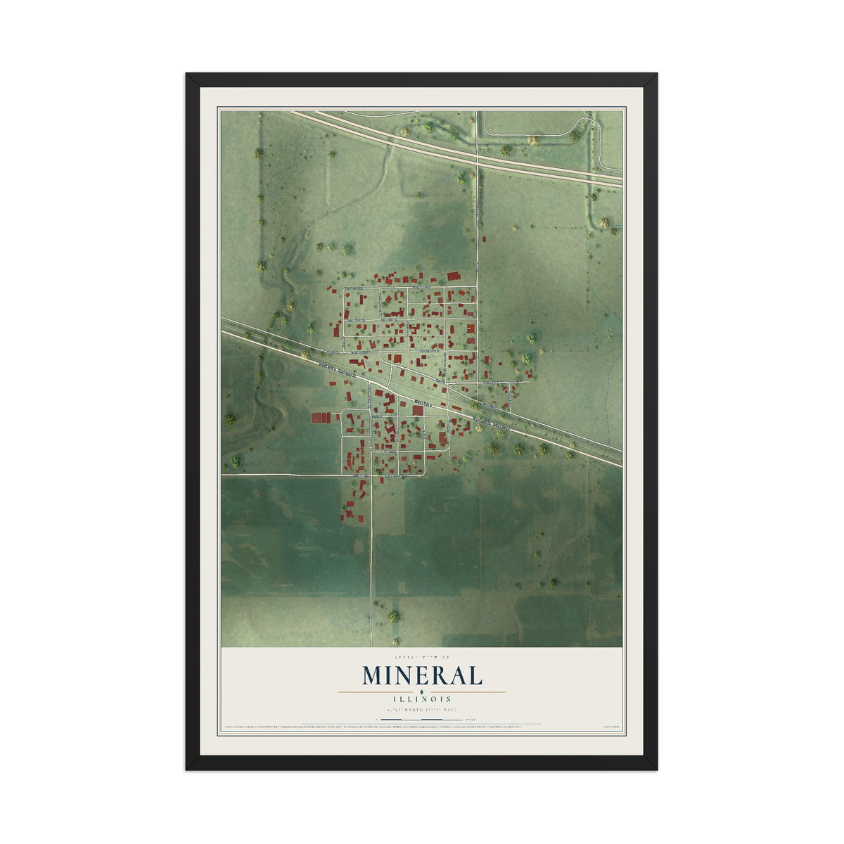 Map of Mineral, Illinois, 12 x 18 inch print in a black wood frame