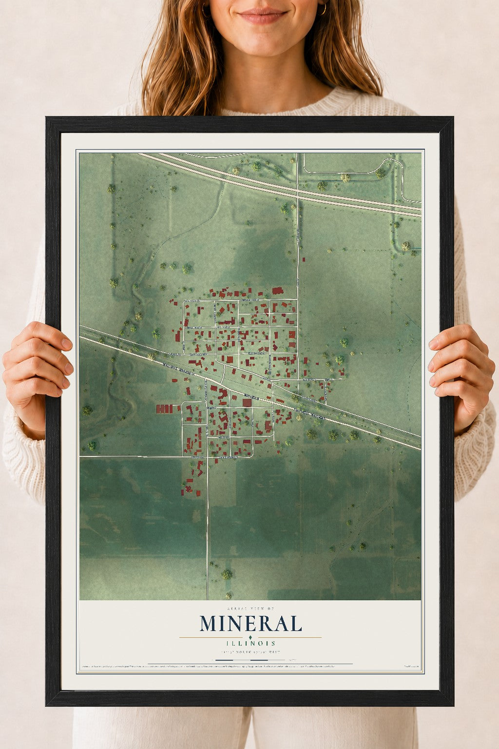 Map of Mineral, Illinois, 18 x 24 inch print in a black wood frame