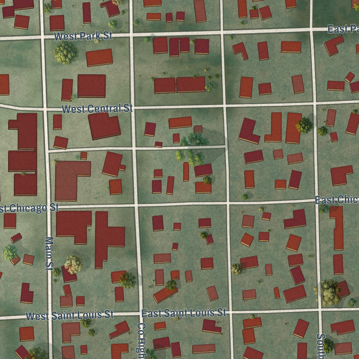 Close-up of the map of Minier, Illinois print showing street and building detail