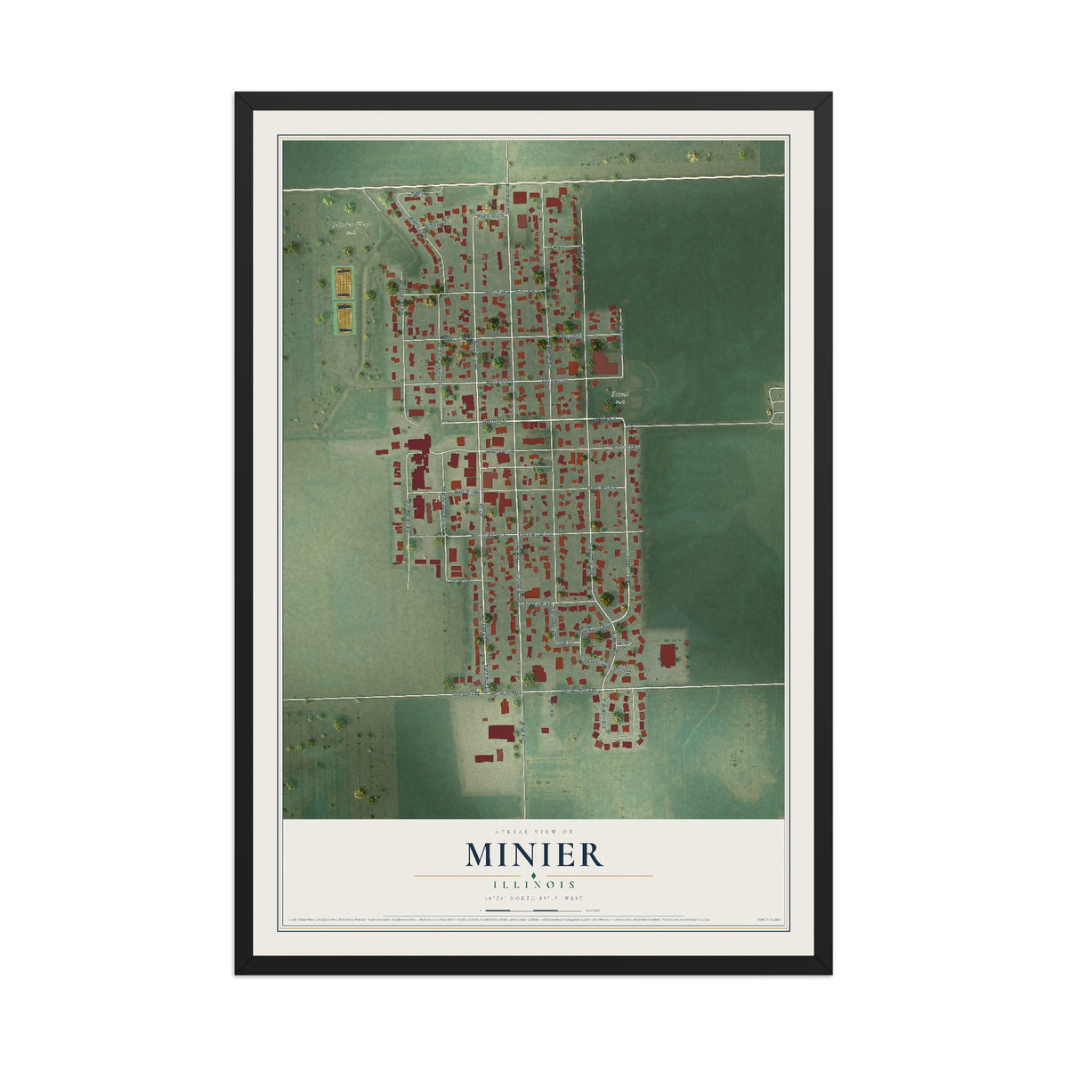 Map of Minier, Illinois, 12 x 18 inch print in a black wood frame