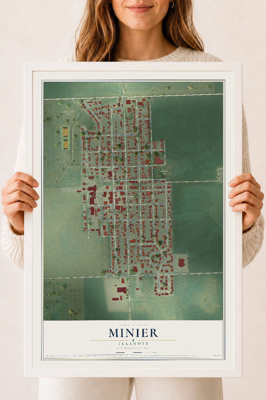 Map of Minier, Illinois, 18 x 24 inch print in a white wood frame