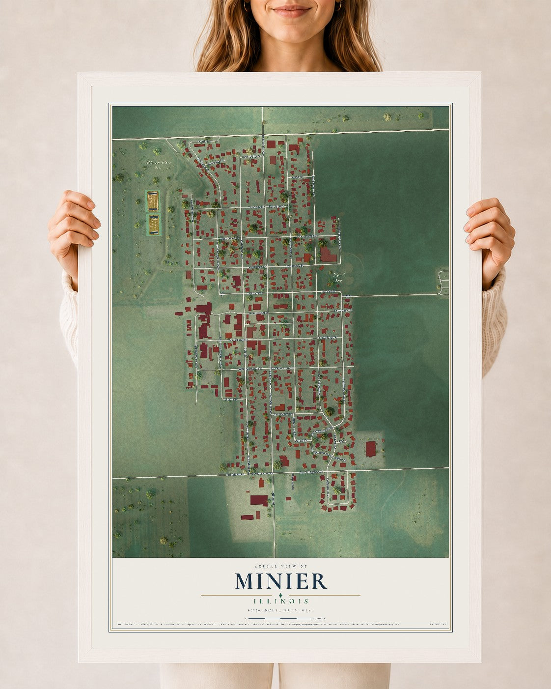 Map of Minier, Illinois, 24 x 36 inch print in a white wood frame