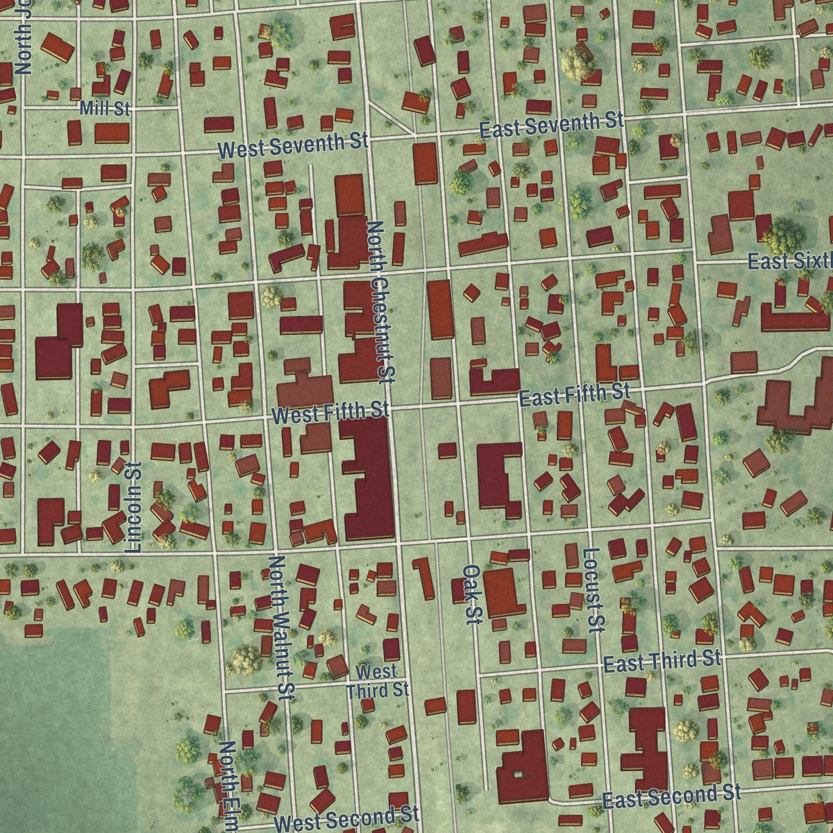 Close-up of the map of Minonk, Illinois print showing street and building detail