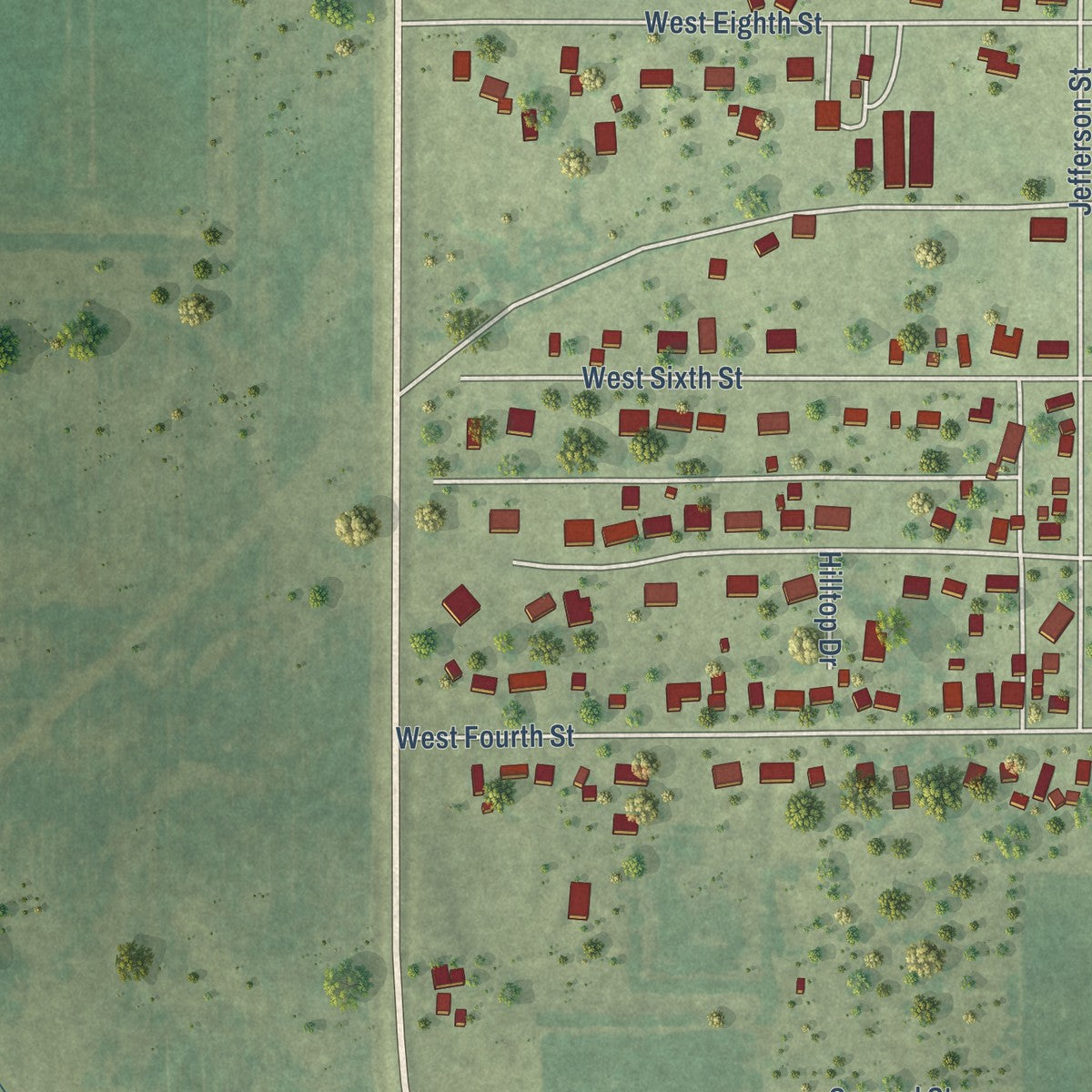 Second close-up of the map of Minonk, Illinois print showing more streets and buildings