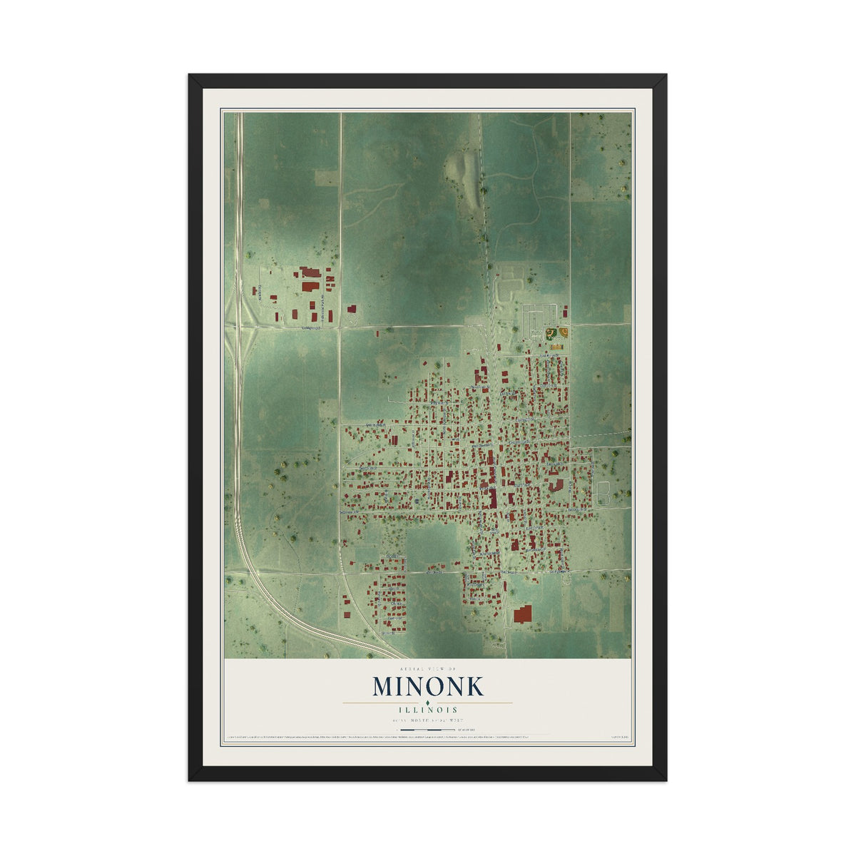 Map of Minonk, Illinois, 12 x 18 inch print in a black wood frame