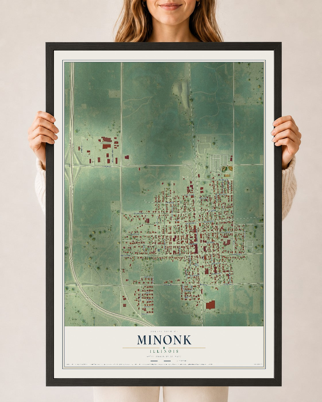Map of Minonk, Illinois, 24 x 36 inch print in a black wood frame