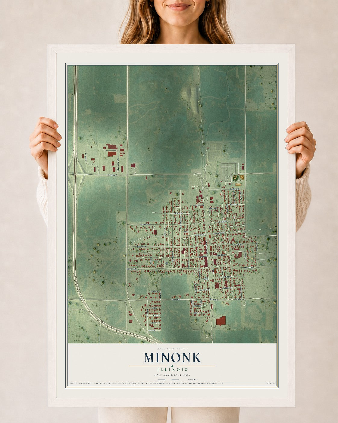 Map of Minonk, Illinois, 24 x 36 inch print in a white wood frame