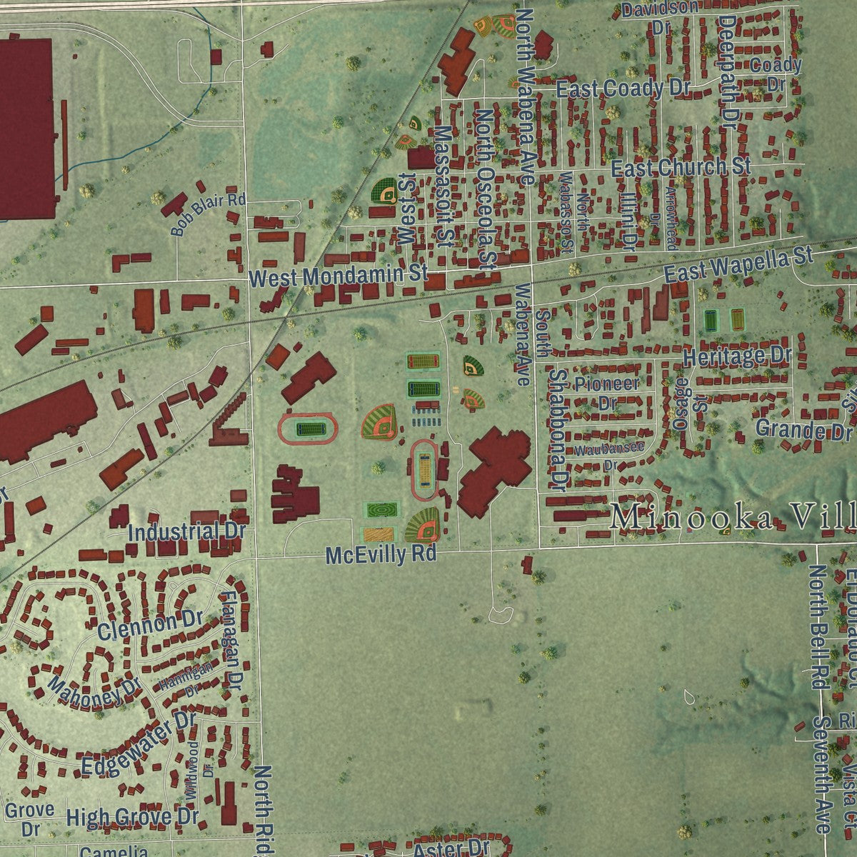Close-up of the map of Minooka, Illinois print showing street and building detail