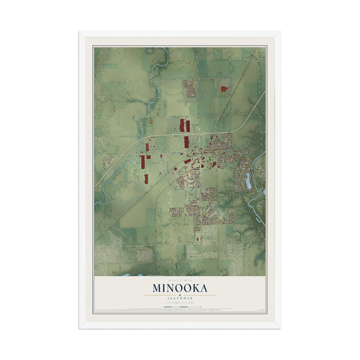 Map of Minooka, Illinois, 12 x 18 inch print in a white wood frame
