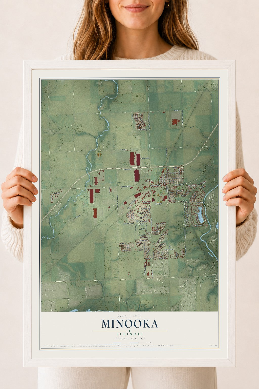 Map of Minooka, Illinois, 18 x 24 inch print in a white wood frame