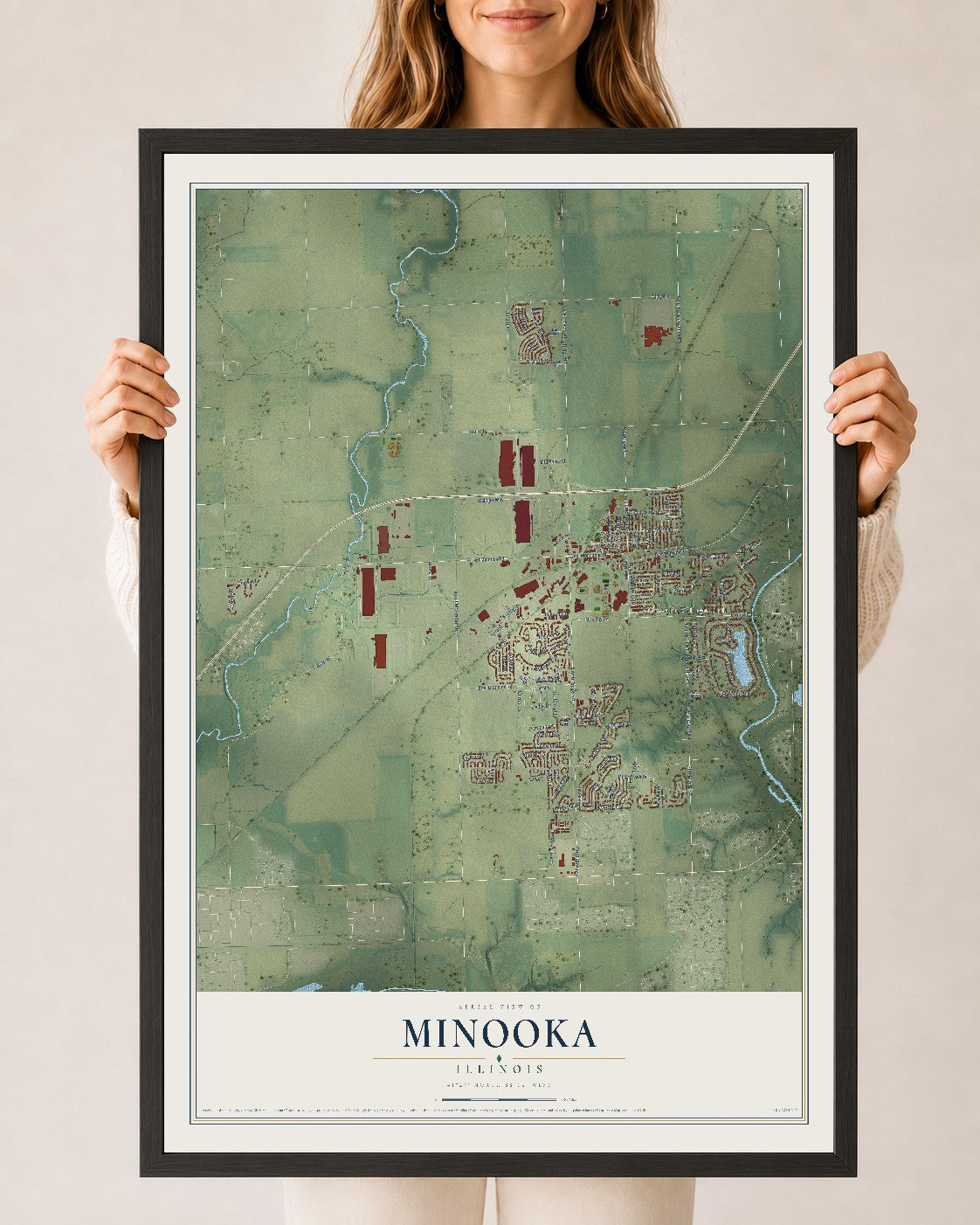 Map of Minooka, Illinois, 24 x 36 inch print in a black wood frame