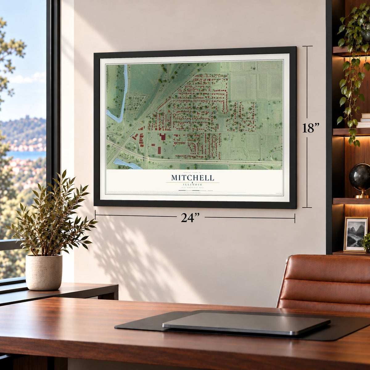 Mitchell, Illinois map, 18 x 24 inch print in a black frame in a home office