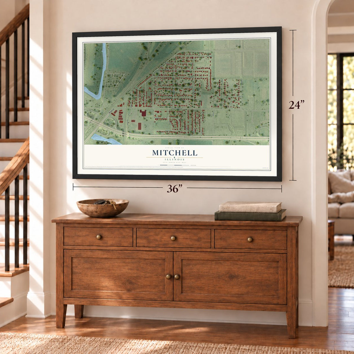 Mitchell, Illinois map, 24 x 36 inch print in a black frame above a dresser by a staircase