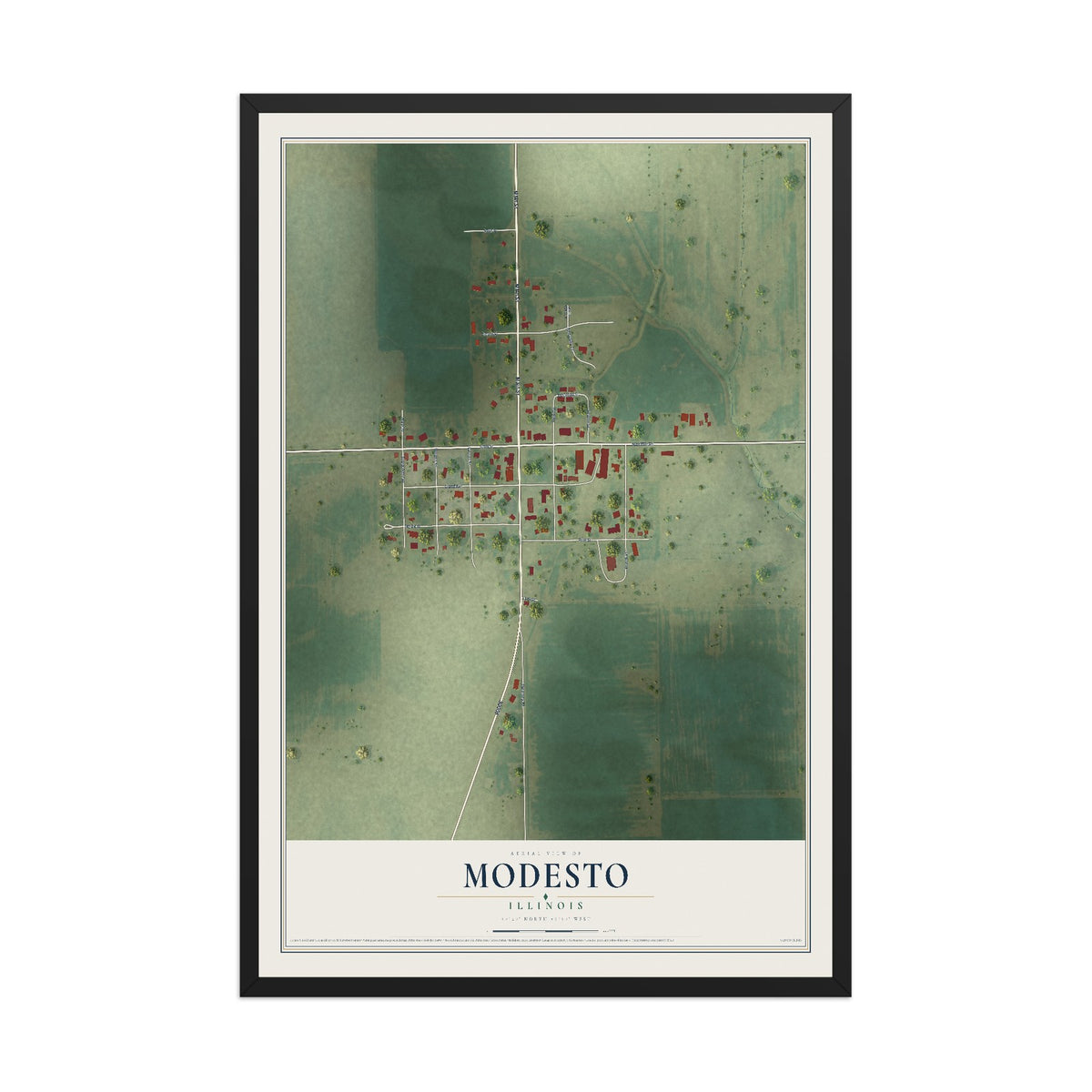 Map of Modesto, Illinois, 12 x 18 inch print in a black wood frame