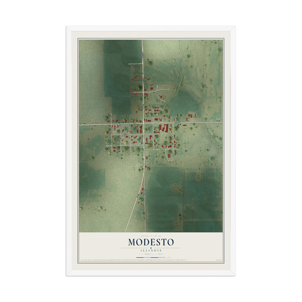 Map of Modesto, Illinois, 12 x 18 inch print in a white wood frame