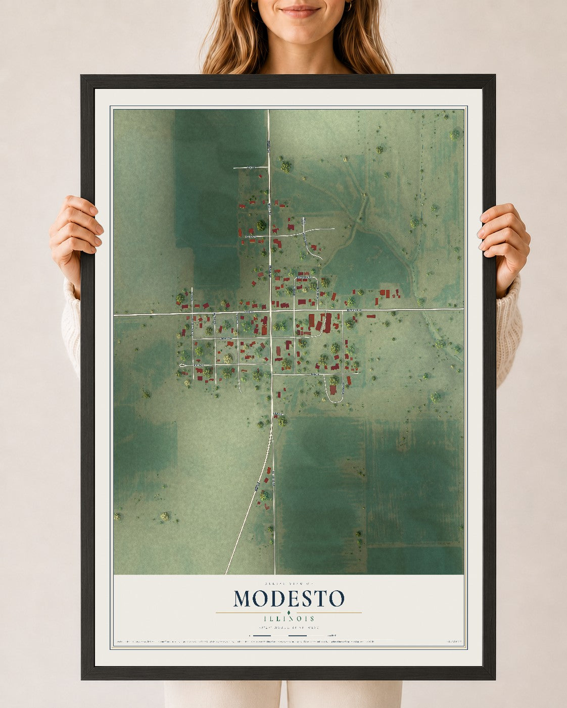 Map of Modesto, Illinois, 24 x 36 inch print in a black wood frame