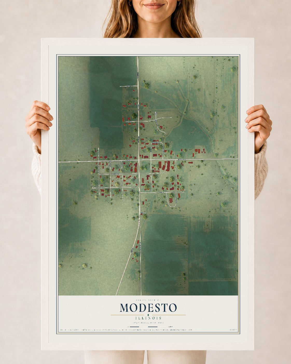Map of Modesto, Illinois, 24 x 36 inch print in a white wood frame