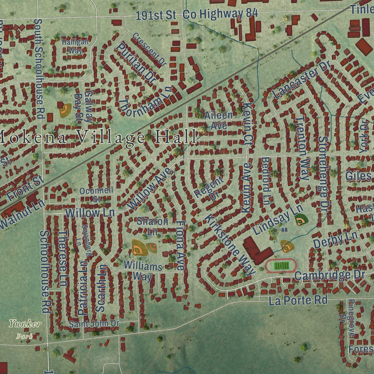 Close-up of the map of Mokena, Illinois print showing street and building detail