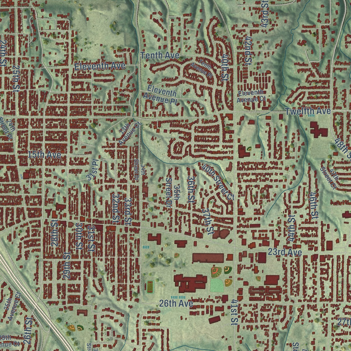 Close-up of the map of Moline, Illinois print showing street and building detail