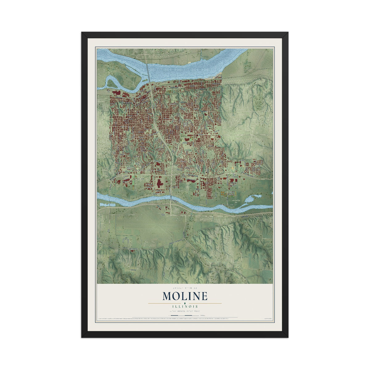 Map of Moline, Illinois, 12 x 18 inch print in a black wood frame